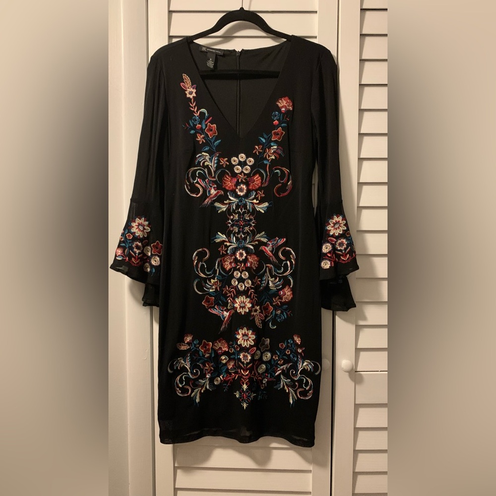 Elegant Black Floral Embroidered Dress, INC, Size M